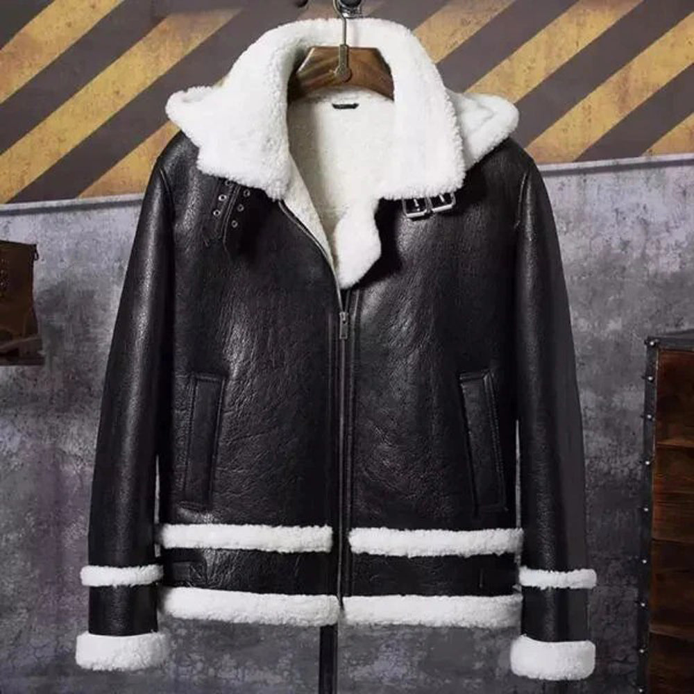 Men’s B3 Aviator Removable Hood Black Leather White Shearling Jacket