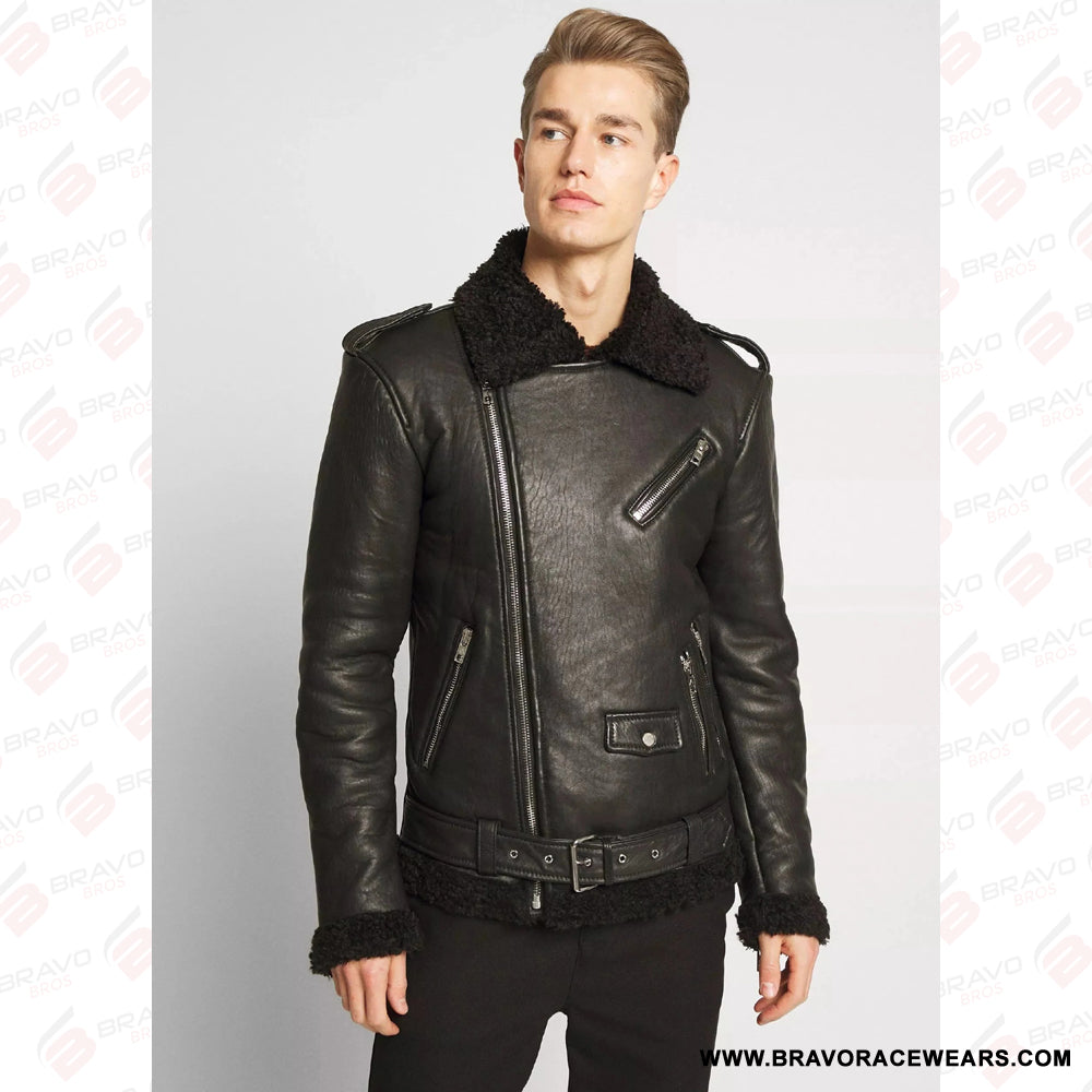 Men’s B3 Black Leather Black Shearling Aviator Jacket