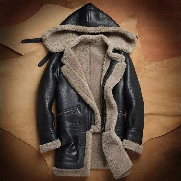 Men’s B7 Shearling Camouflage Hooded Black Leather Long Coat