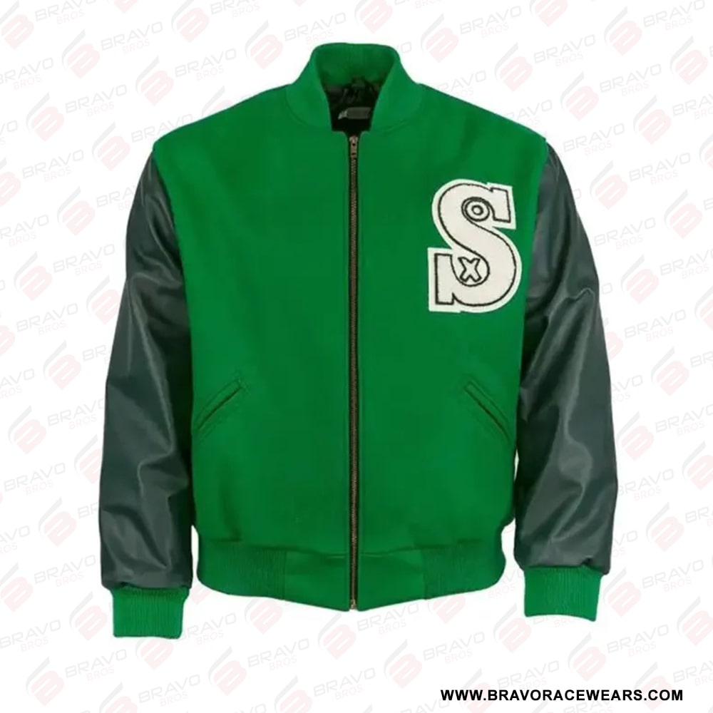 Black Leather & Green Wool Varsity Bomber Jacket