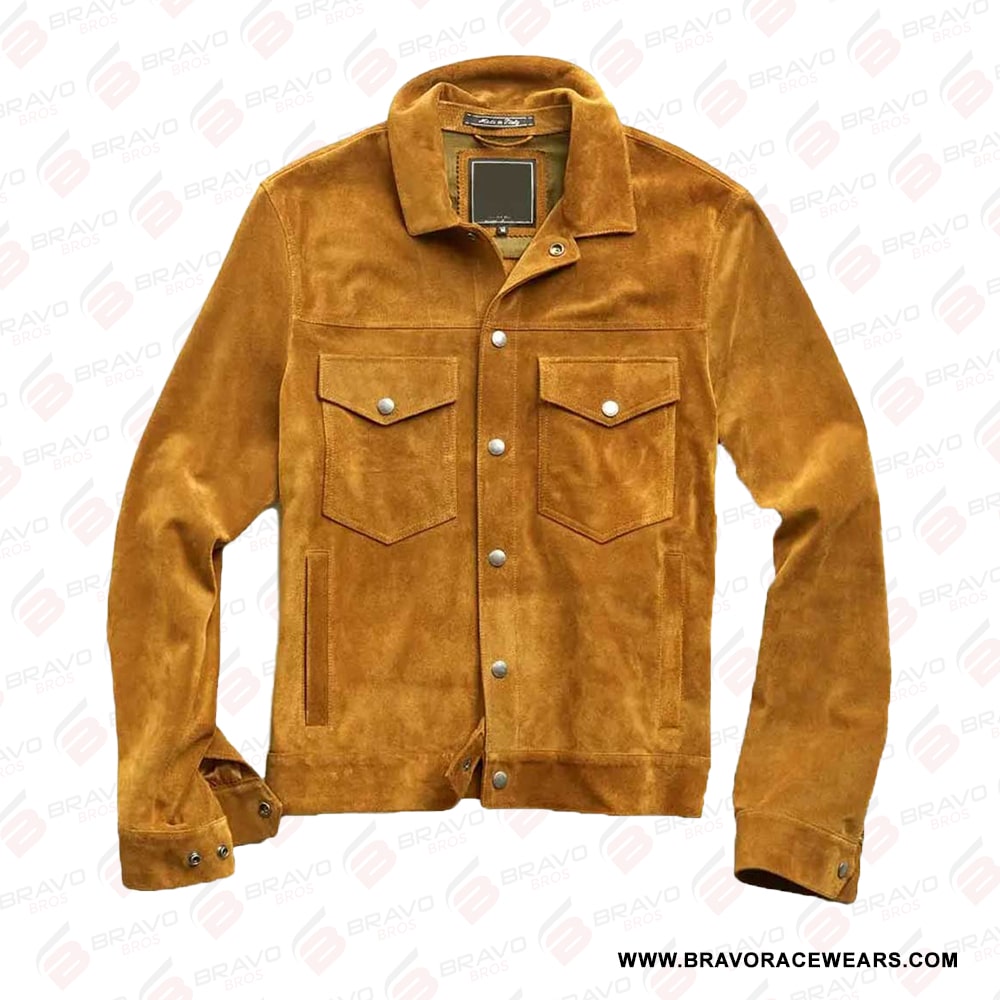 Tan Brown Suede Leather Trucker Shirt Jacket