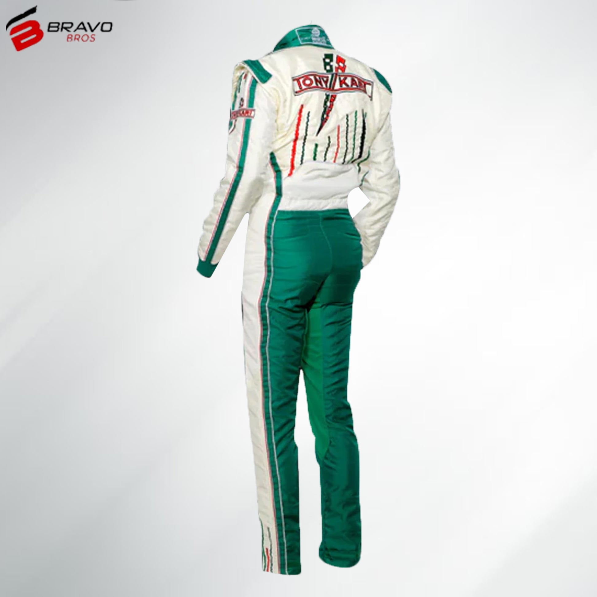 2014 Tony Kart Race Suit in green, white, and red design showcasing ergonomic fit and premium materials.