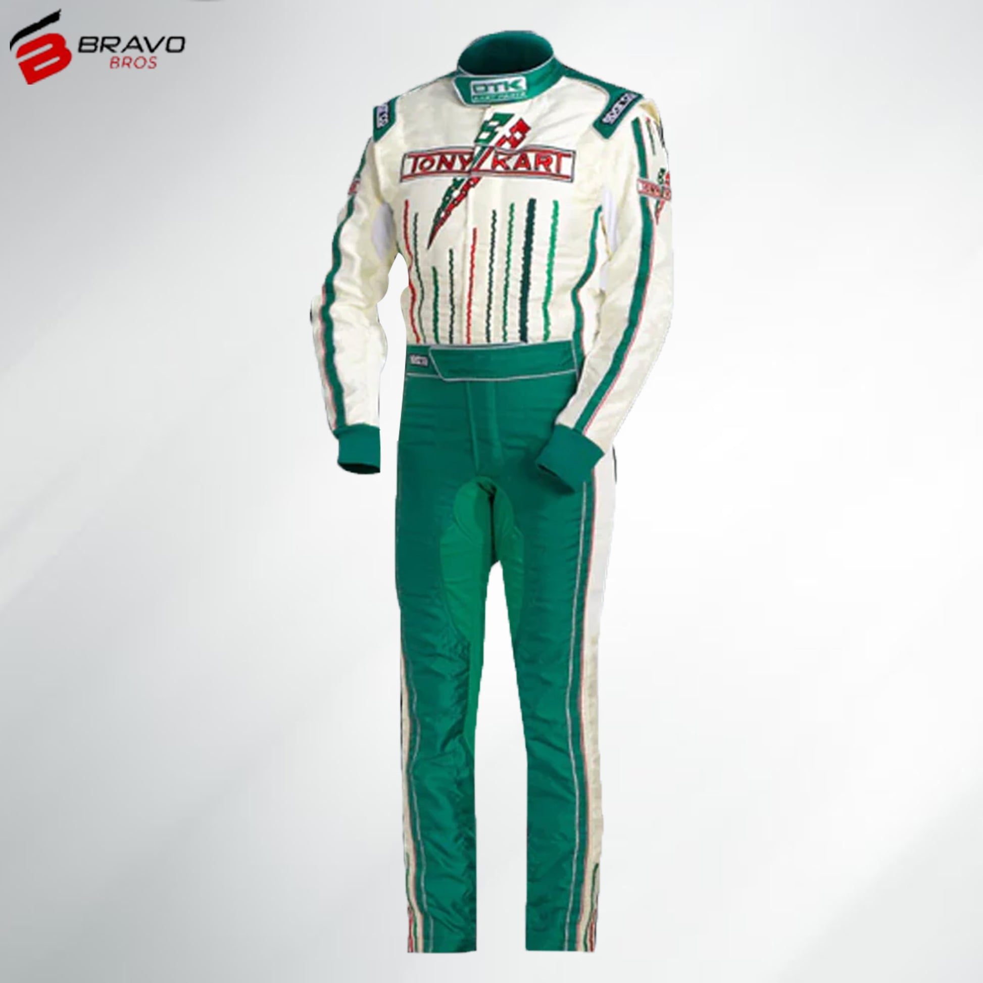 2014 Tony Kart Race Suit in green, white, and red design showcasing ergonomic fit and premium materials.