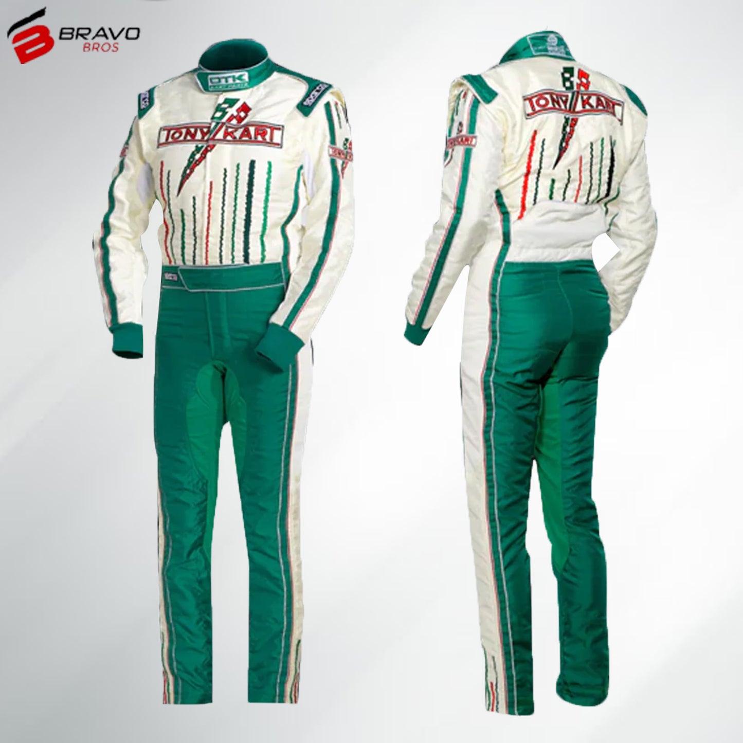 2014 Tony Kart Race Suit in green, white, and red design showcasing ergonomic fit and premium materials.