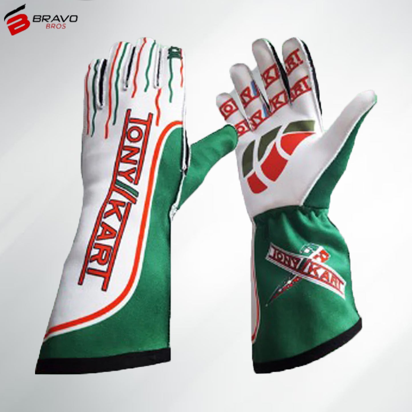 2014 Tony Kart Race Suit in green, white, and red design showcasing ergonomic fit and premium materials.