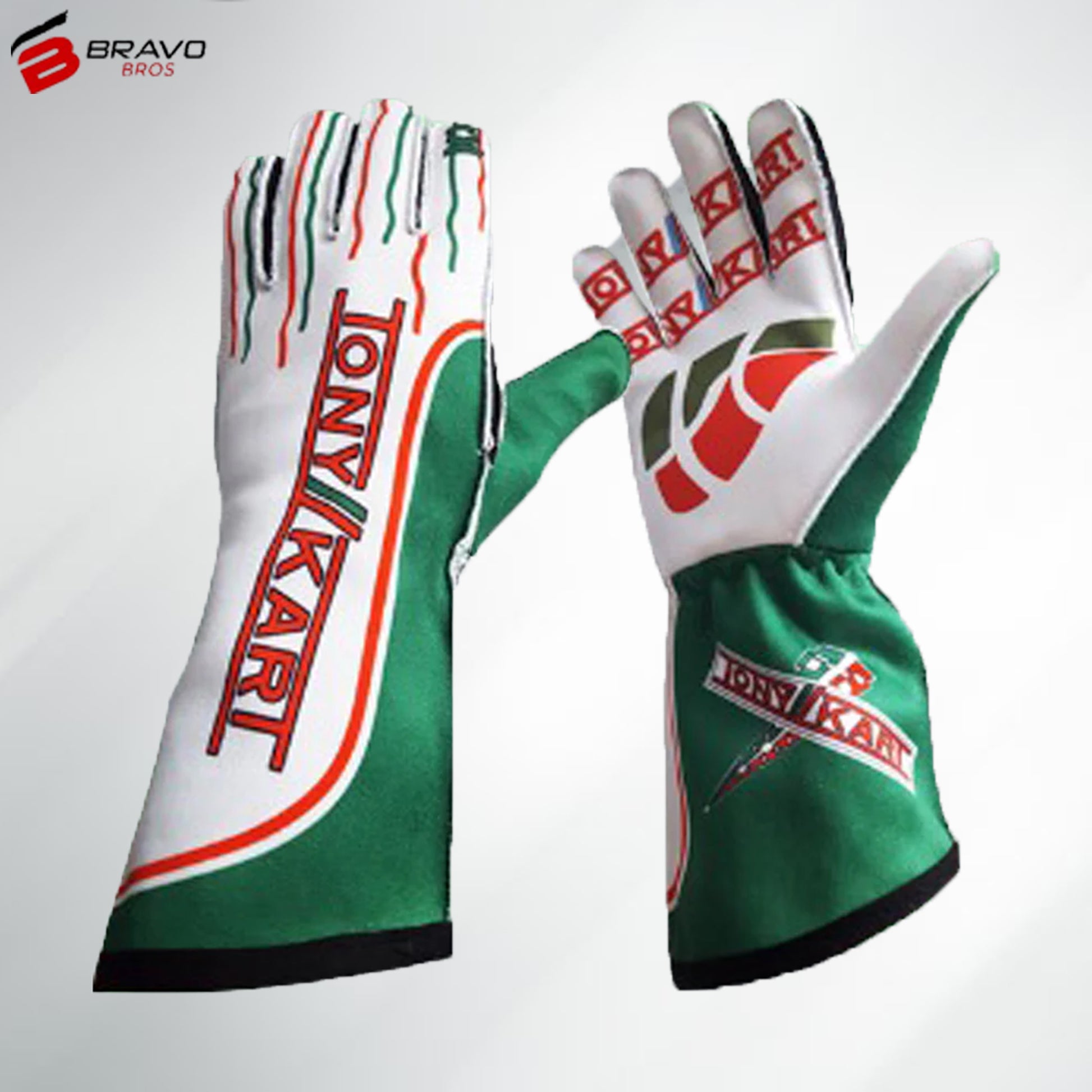 2014 Tony Kart Race Suit in green, white, and red design showcasing ergonomic fit and premium materials.