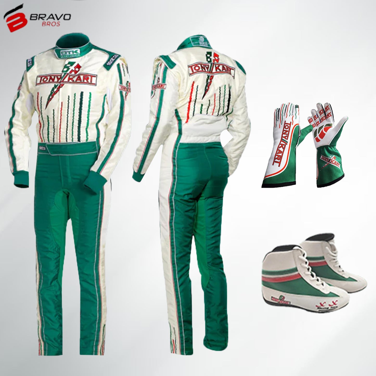 2014 Tony Kart Race Suit in green, white, and red design showcasing ergonomic fit and premium materials.