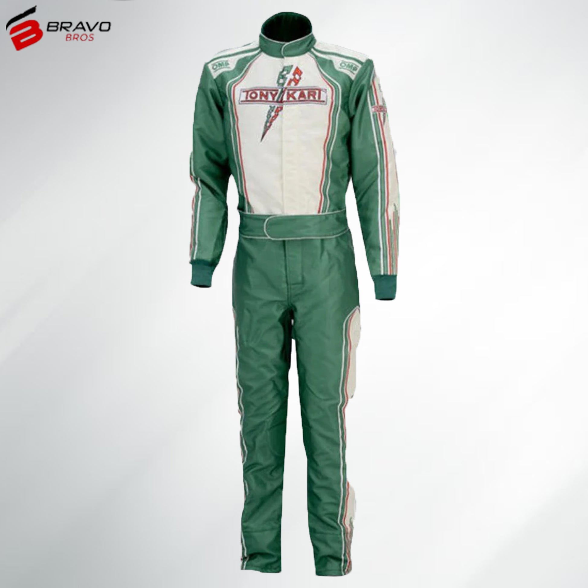 2021 Tony Kart Race Suit in green, white, and red design showcasing ergonomic fit and premium materials.