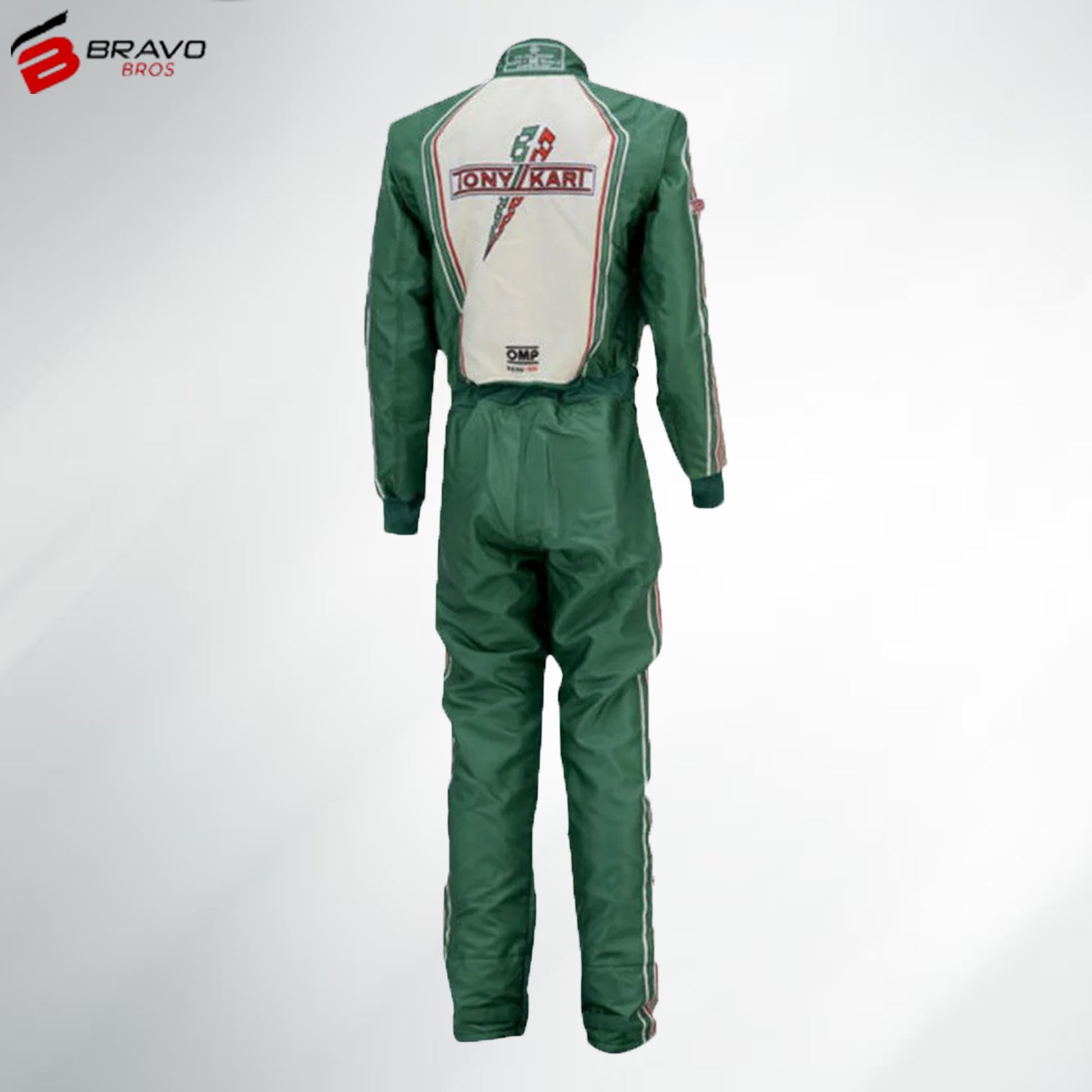 2021 Tony Kart Race Suit in green, white, and red design showcasing ergonomic fit and premium materials.