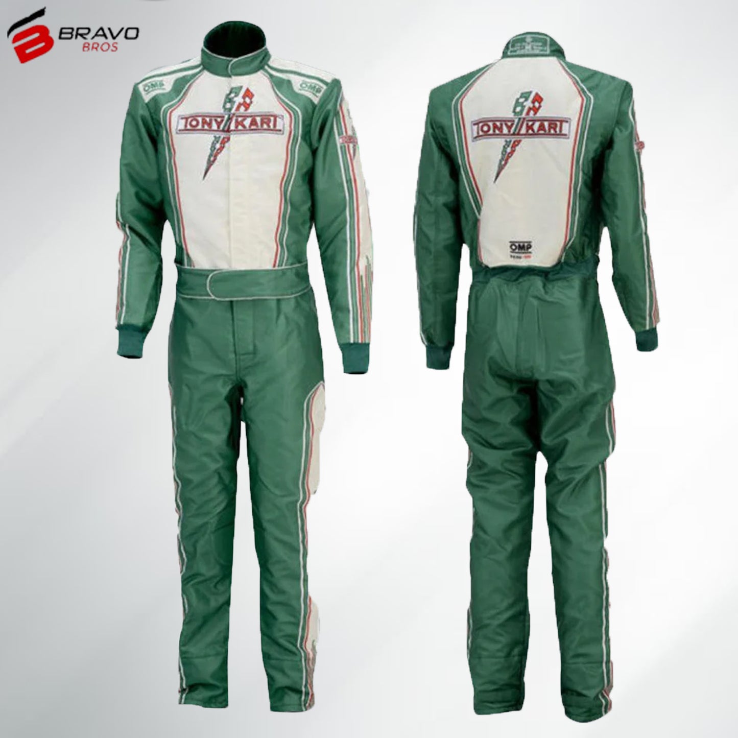 2021 Tony Kart Race Suit in green, white, and red design showcasing ergonomic fit and premium materials.