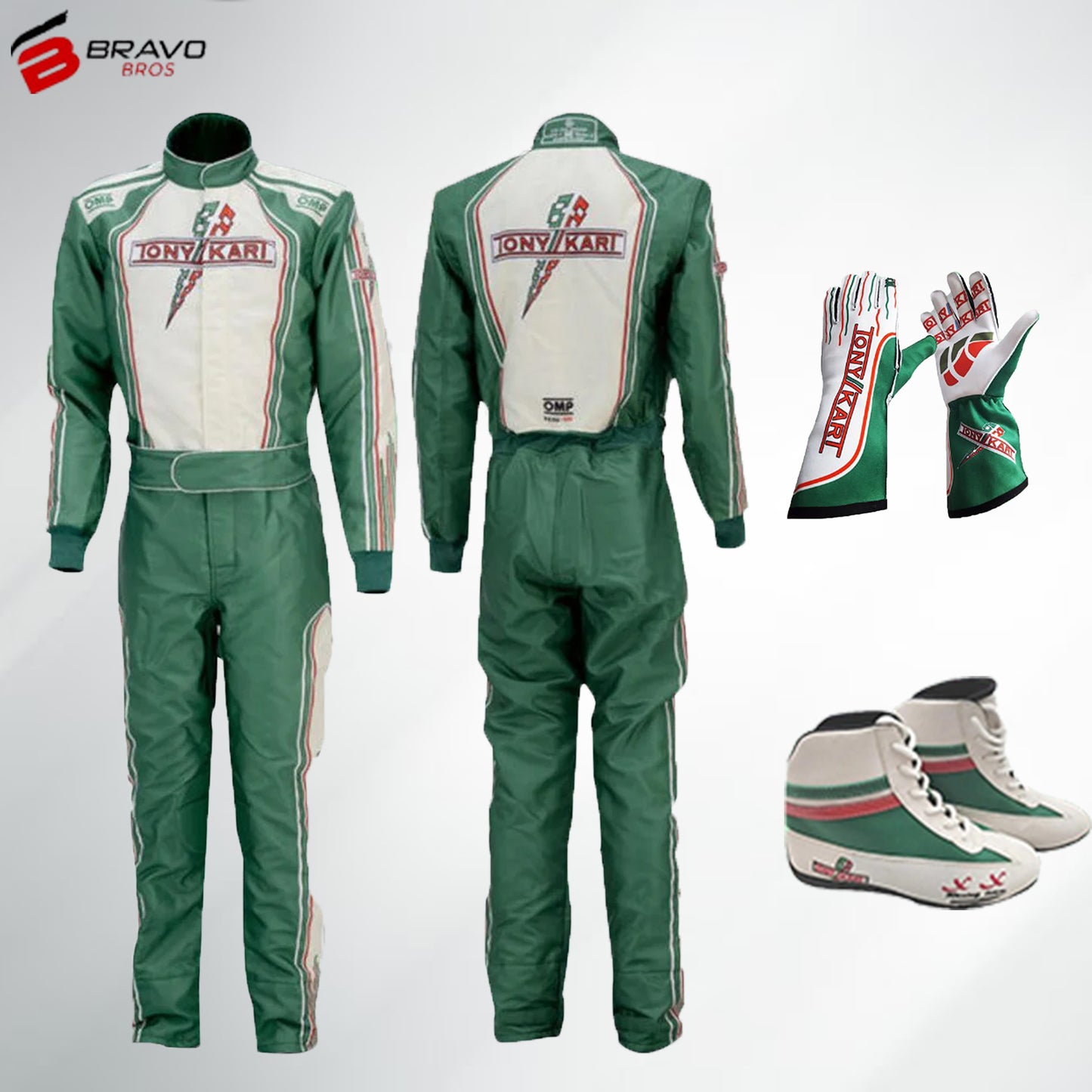 2021 Tony Kart Race Suit in green, white, and red design showcasing ergonomic fit and premium materials.