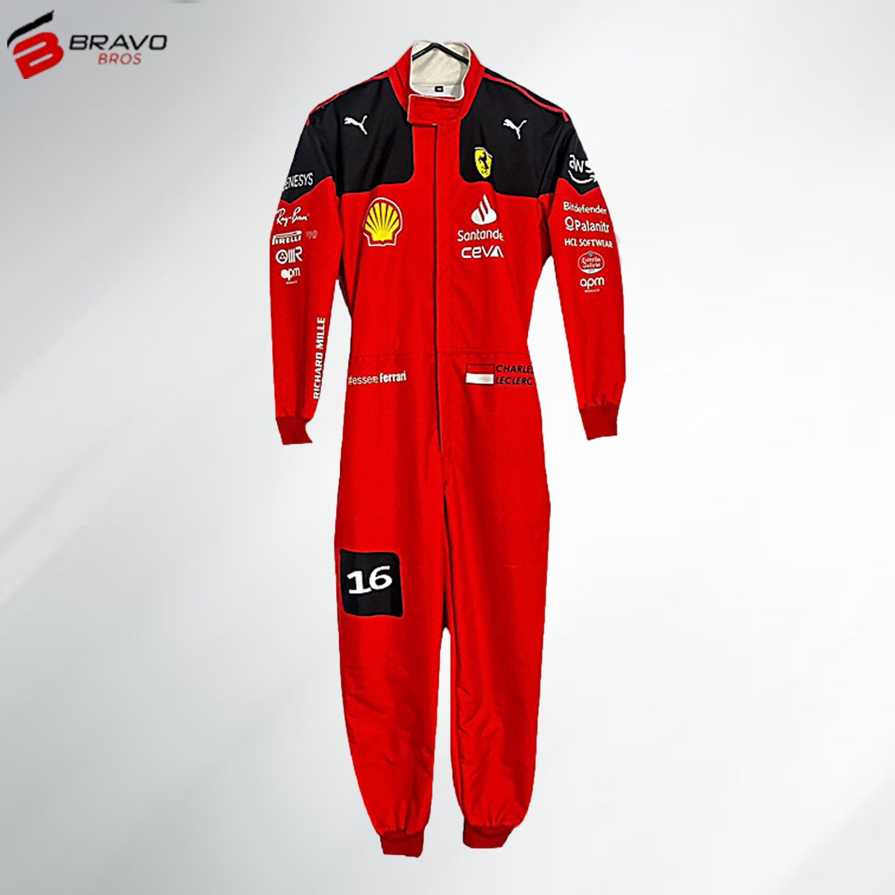 "Close-up of a Ferrari go-kart suit showcasing the iconic red color with the Ferrari prancing horse logo prominently displayed on the chest and shoulders. The suit features a sleek, aerodynamic design with black and white accents, reinforced areas for durability, and a professional racing aesthetic inspired by Ferrari’s Formula 1 heritage."