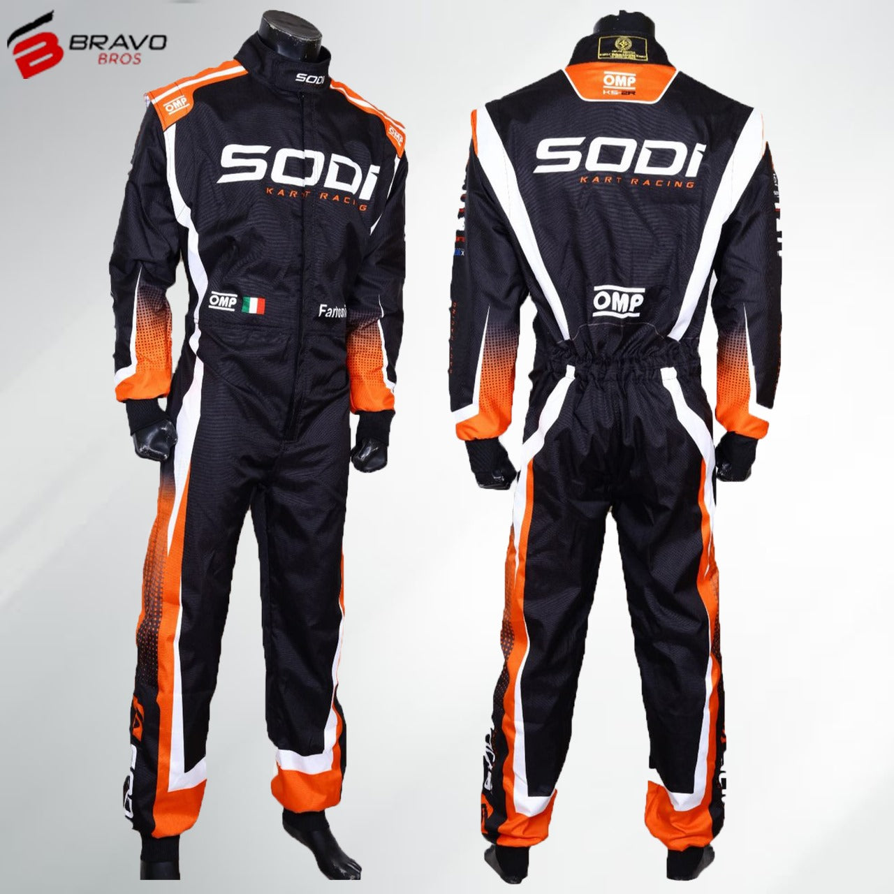 "Close-up of a Sodi Kart go-kart suit in a sleek design featuring the Sodi Kart logo prominently on the chest and shoulders. The suit has a bold color scheme with contrasting panels for an aerodynamic look. It includes reinforced areas for durability and comfort, reflecting the high-performance standards of Sodi Kart’s racing gear."