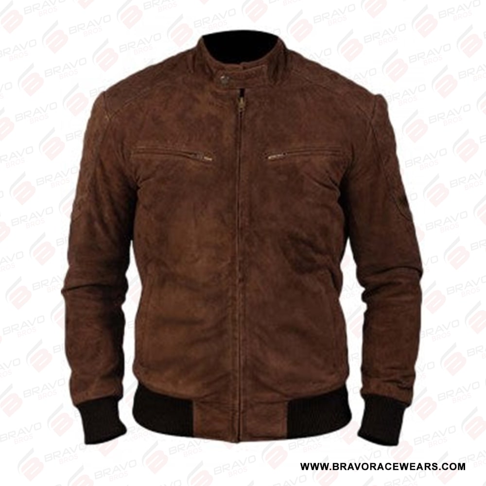 Dark Brown Suede Leather Bomber Jacket for Men