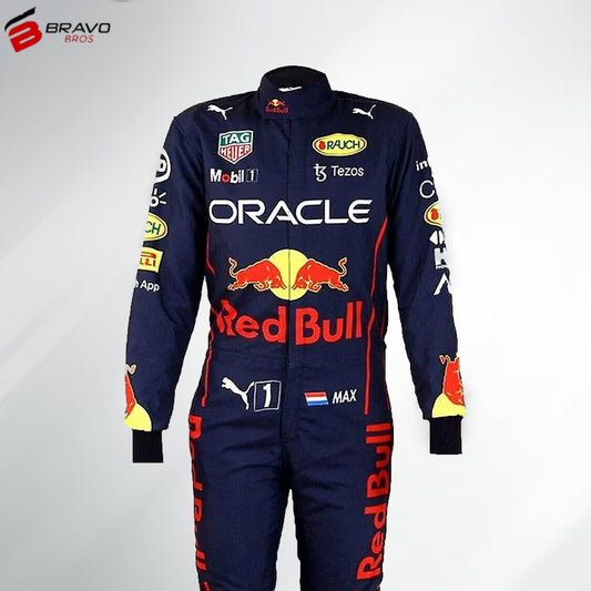 "Close-up of a Red Bull Racing go-kart suit featuring the team’s signature navy blue and yellow color scheme. The suit displays the Red Bull logo prominently on the chest, with additional branding on the sleeves and legs. The design includes aerodynamic paneling and reinforced areas, capturing the dynamic and professional look associated with Red Bull's Formula 1 racing gear."