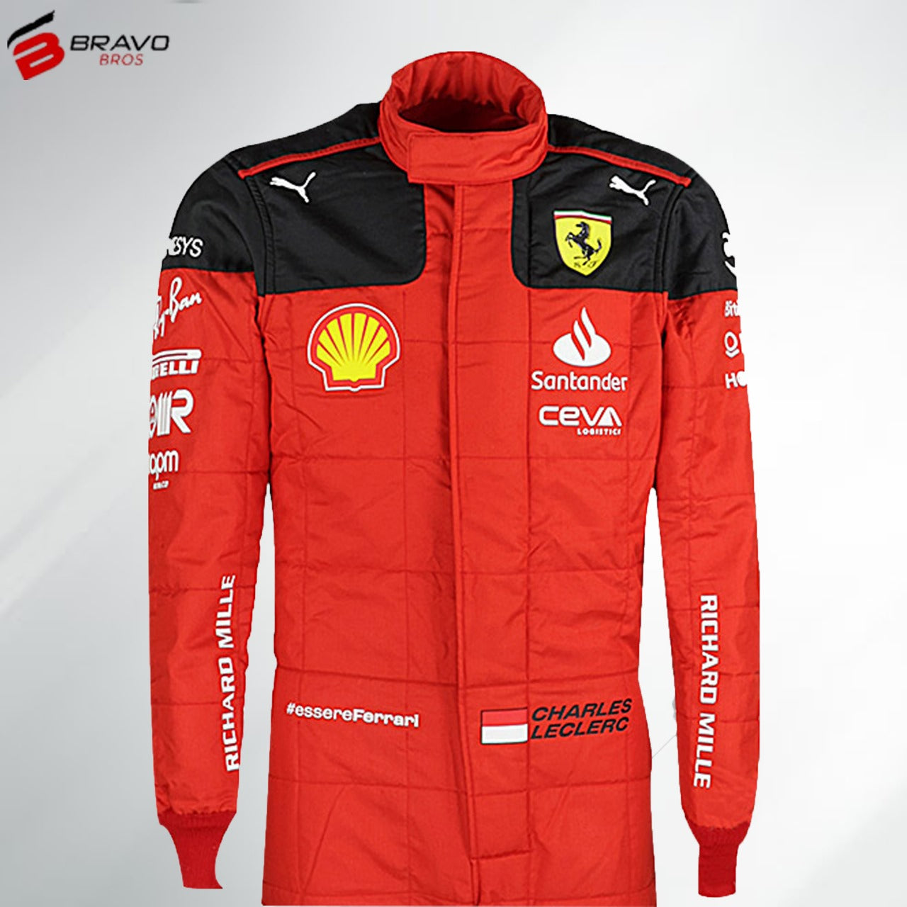 "Close-up of a Ferrari go-kart suit showcasing the iconic red color with the Ferrari prancing horse logo prominently displayed on the chest and shoulders. The suit features a sleek, aerodynamic design with black and white accents, reinforced areas for durability, and a professional racing aesthetic inspired by Ferrari’s Formula 1 heritage."