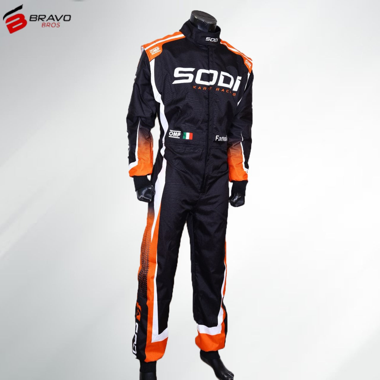 "Close-up of a Sodi Kart go-kart suit in a sleek design featuring the Sodi Kart logo prominently on the chest and shoulders. The suit has a bold color scheme with contrasting panels for an aerodynamic look. It includes reinforced areas for durability and comfort, reflecting the high-performance standards of Sodi Kart’s racing gear."