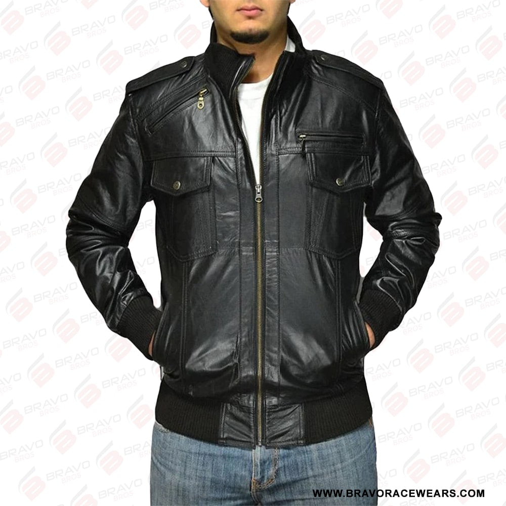 Black Leather Bomber Jacket Mens