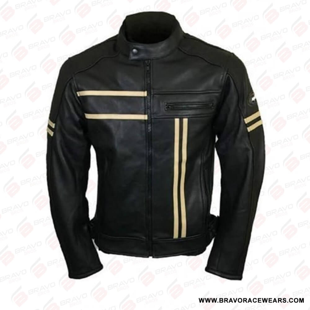 Black Biker Leather Jacket with Off-White Stripes