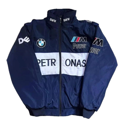 A stylish racing jacket with sleek design and bold branding, perfect for the motorsport enthusiast.