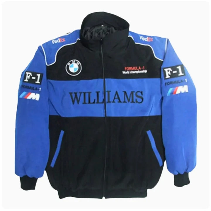 A stylish racing jacket with sleek design and bold branding, perfect for the motorsport enthusiast.