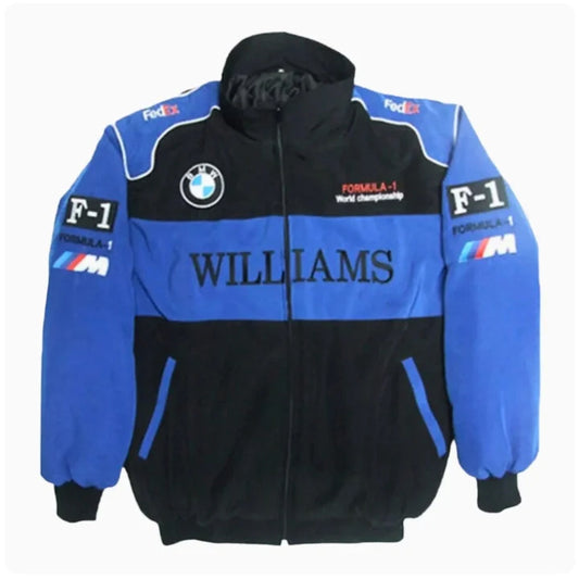 A stylish racing jacket with sleek design and bold branding, perfect for the motorsport enthusiast.