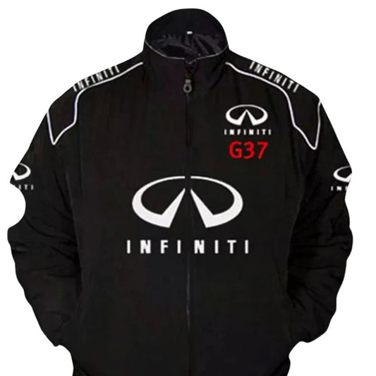 A stylish racing jacket with sleek design and bold branding, perfect for motorsport enthusiasts.