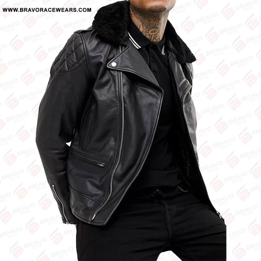 Leather Biker Jacket With Fur Collar