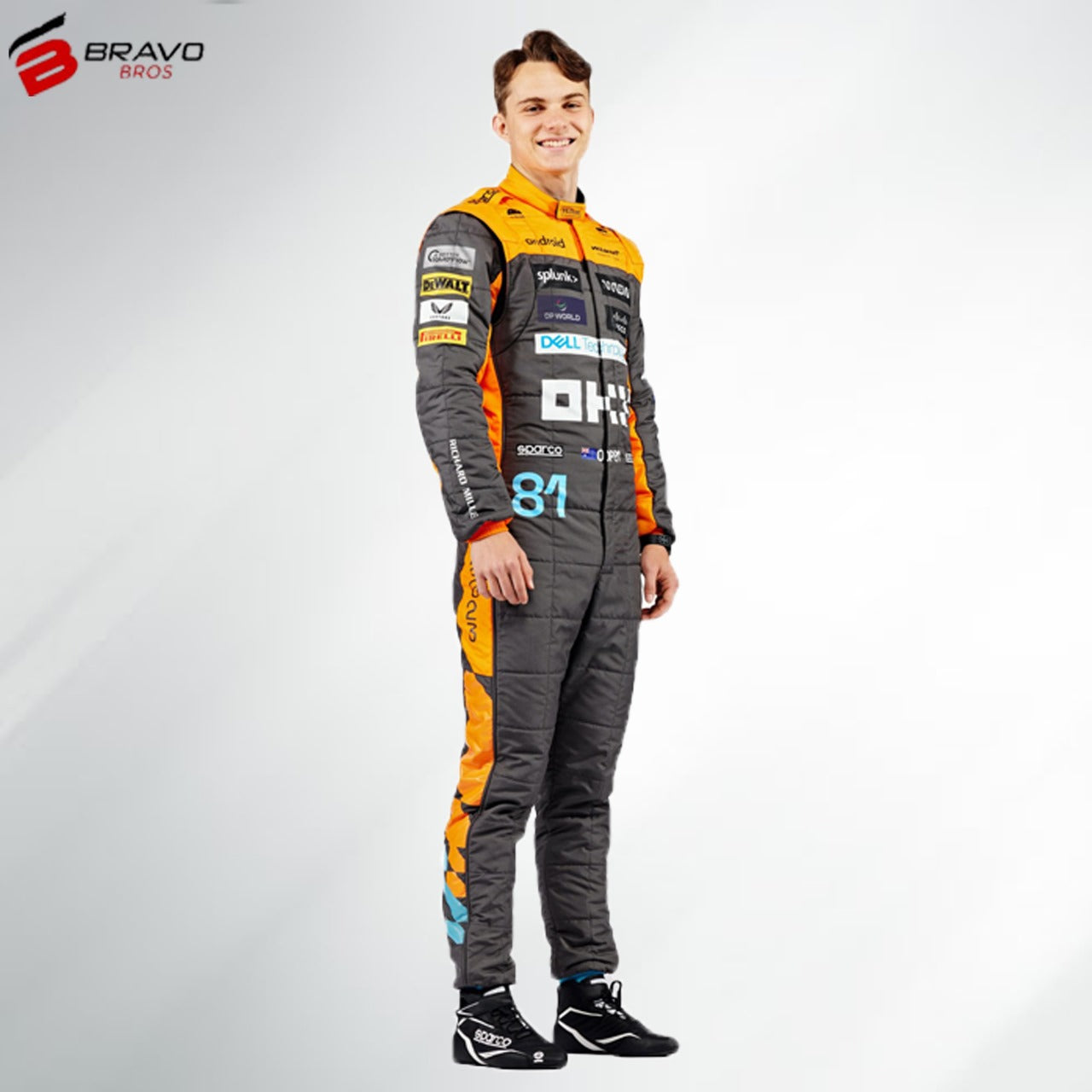 McLaren go-kart suit in a striking design featuring McLaren's signature orange and Grey color scheme. The suit prominently displays the McLaren logo on the chest and shoulders, with sleek, aerodynamic lines and reinforced areas for enhanced durability and flexibility, reflecting the high-performance and stylish aesthetics of McLaren's racing heritage.