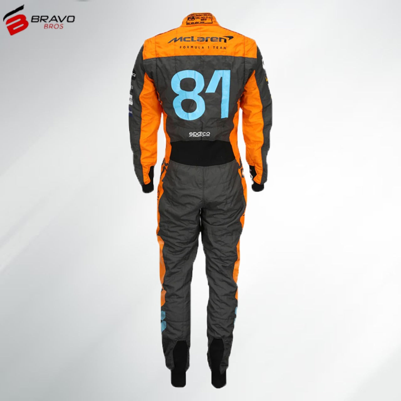 "Close-up of a McLaren go-kart suit in a striking design featuring McLaren's signature orange and Grey color scheme. The suit prominently displays the McLaren logo on the chest and shoulders, with sleek, aerodynamic lines and reinforced areas for enhanced durability and flexibility, reflecting the high-performance and stylish aesthetics of McLaren's racing heritage.