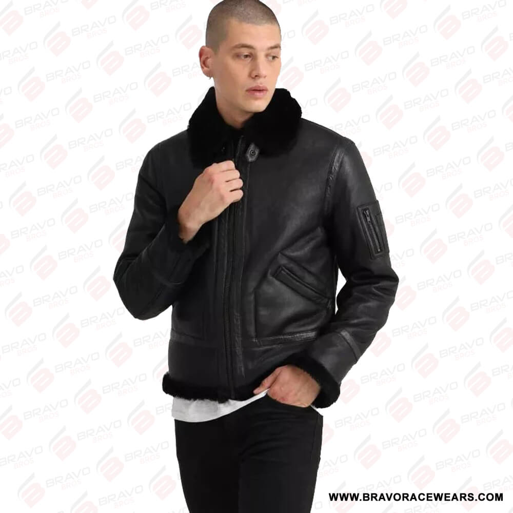 Men’s B3 Aviator Black Leather Shearling Jacket