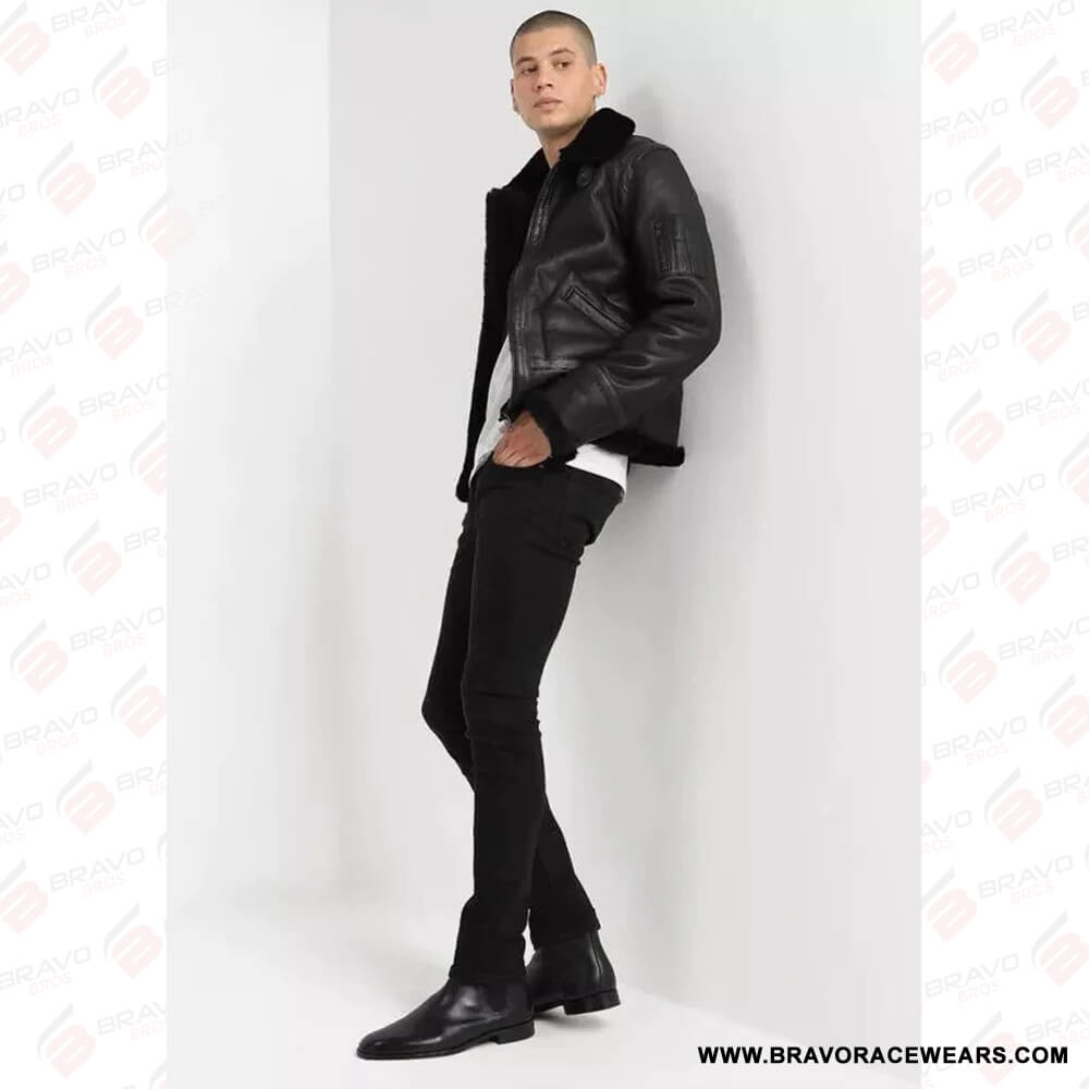 Men’s B3 Aviator Black Leather Shearling Jacket