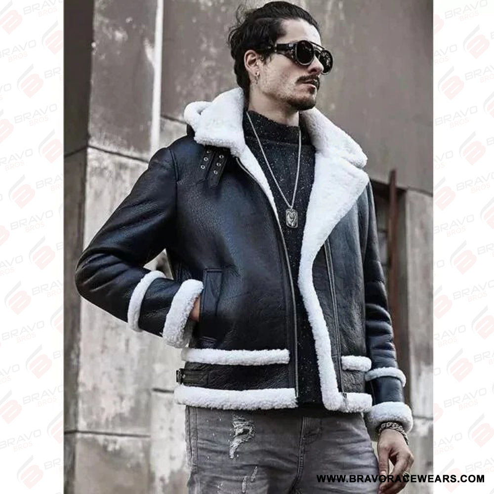 Men’s B3 Aviator Removable Hood Black Leather White Shearling Jacket