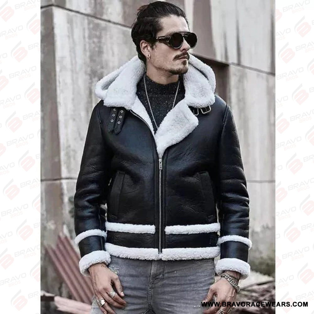 Men’s B3 Aviator Removable Hood Black Leather White Shearling Jacket