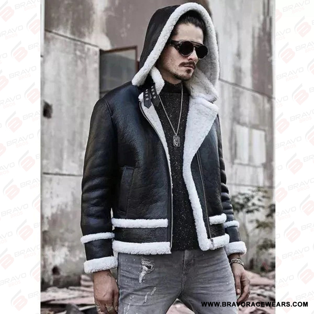 Men’s B3 Aviator Removable Hood Black Leather White Shearling Jacket