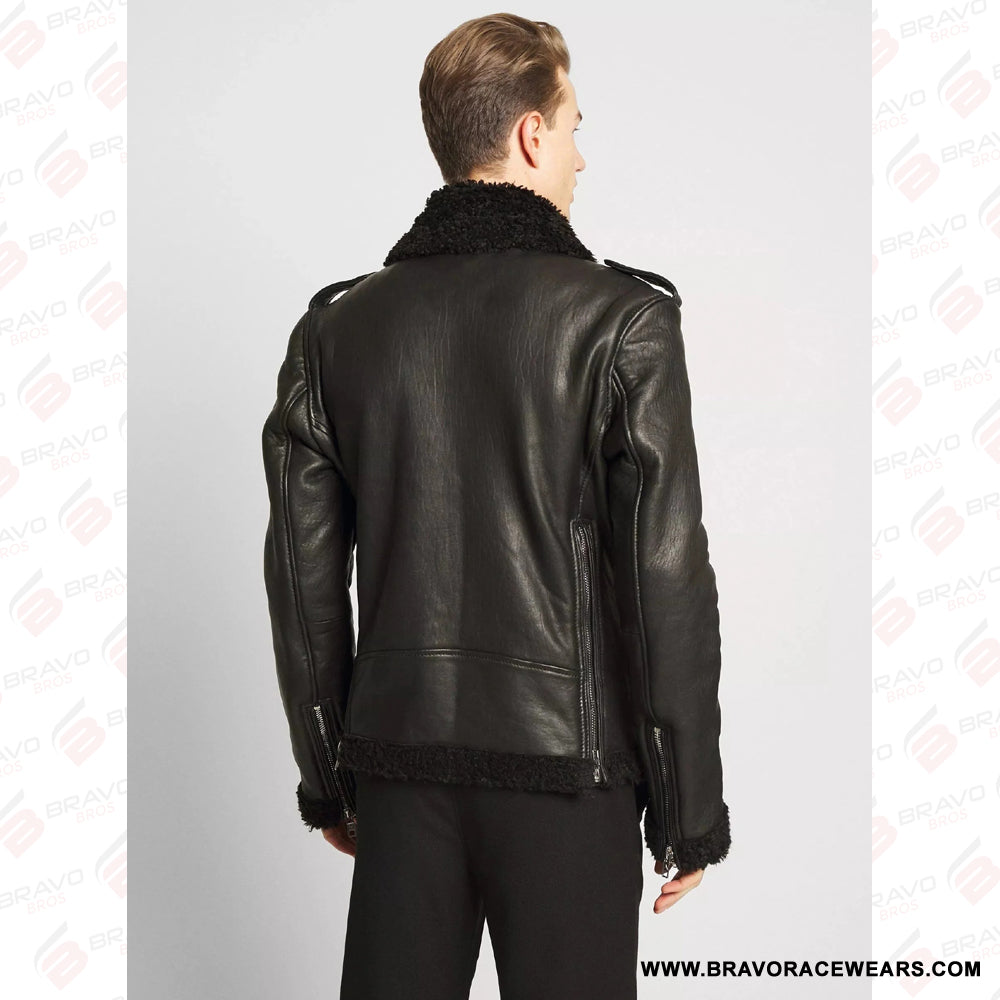 Men’s B3 Black Leather Black Shearling Aviator Jacket