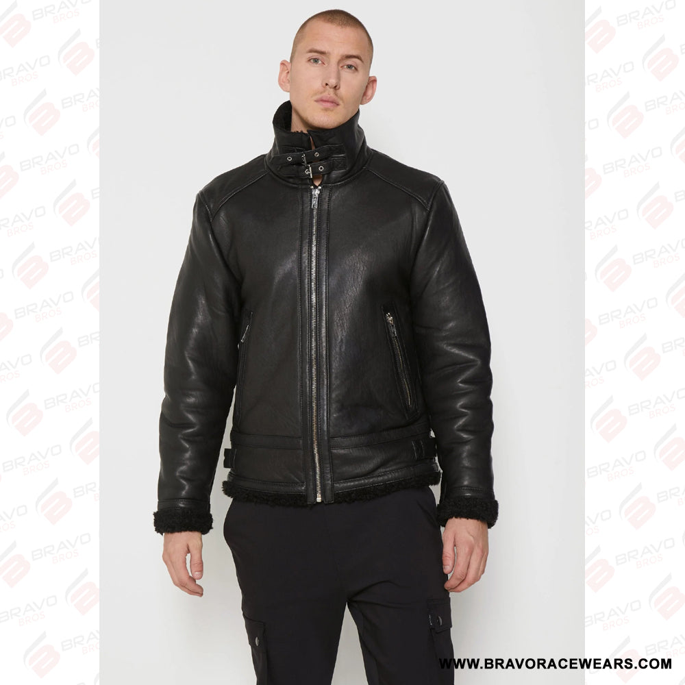 Men’s B3 Black Shearling Flight Aviator Leather Jacket