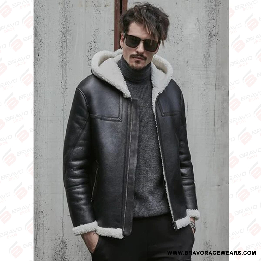 Men’s B3 White Shearling Hooded Leather Aviator Jacket