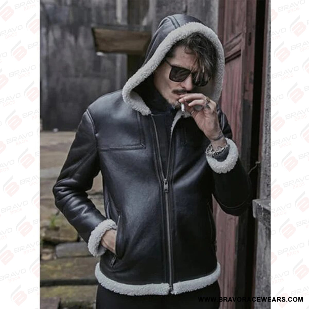 Men’s B3 White Shearling Hooded Leather Aviator Jacket