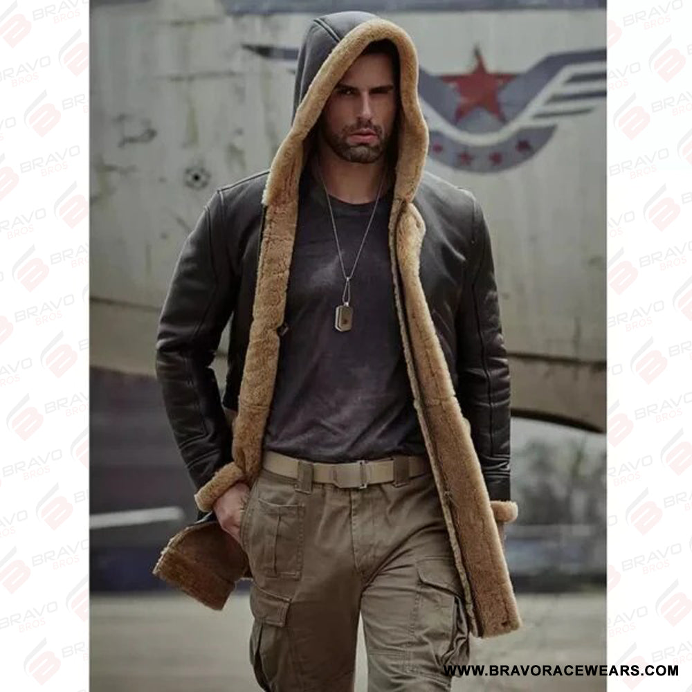 Men’s B7 Dark Brown Leather Shearling Hooded Long Coat