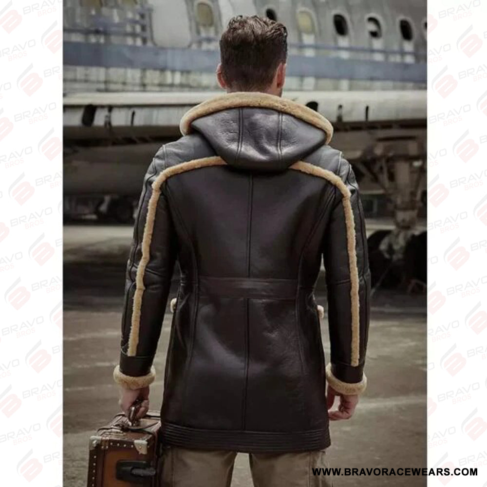 Men’s B7 Dark Brown Leather Shearling Hooded Long Coat