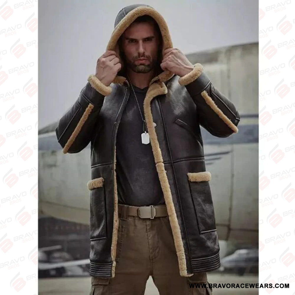 Men’s B7 Dark Brown Leather Shearling Hooded Long Coat