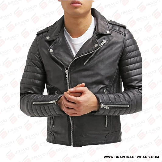 Men’s Black Leather Quilted Biker Jacket