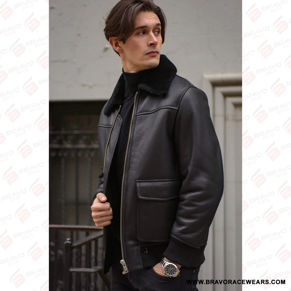 Men’s Black Shearling Aviator Bomber Jacket