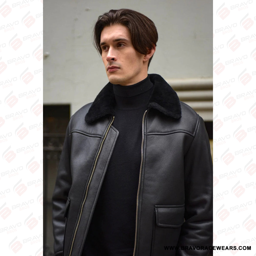 Men’s Black Shearling Aviator Bomber Jacket