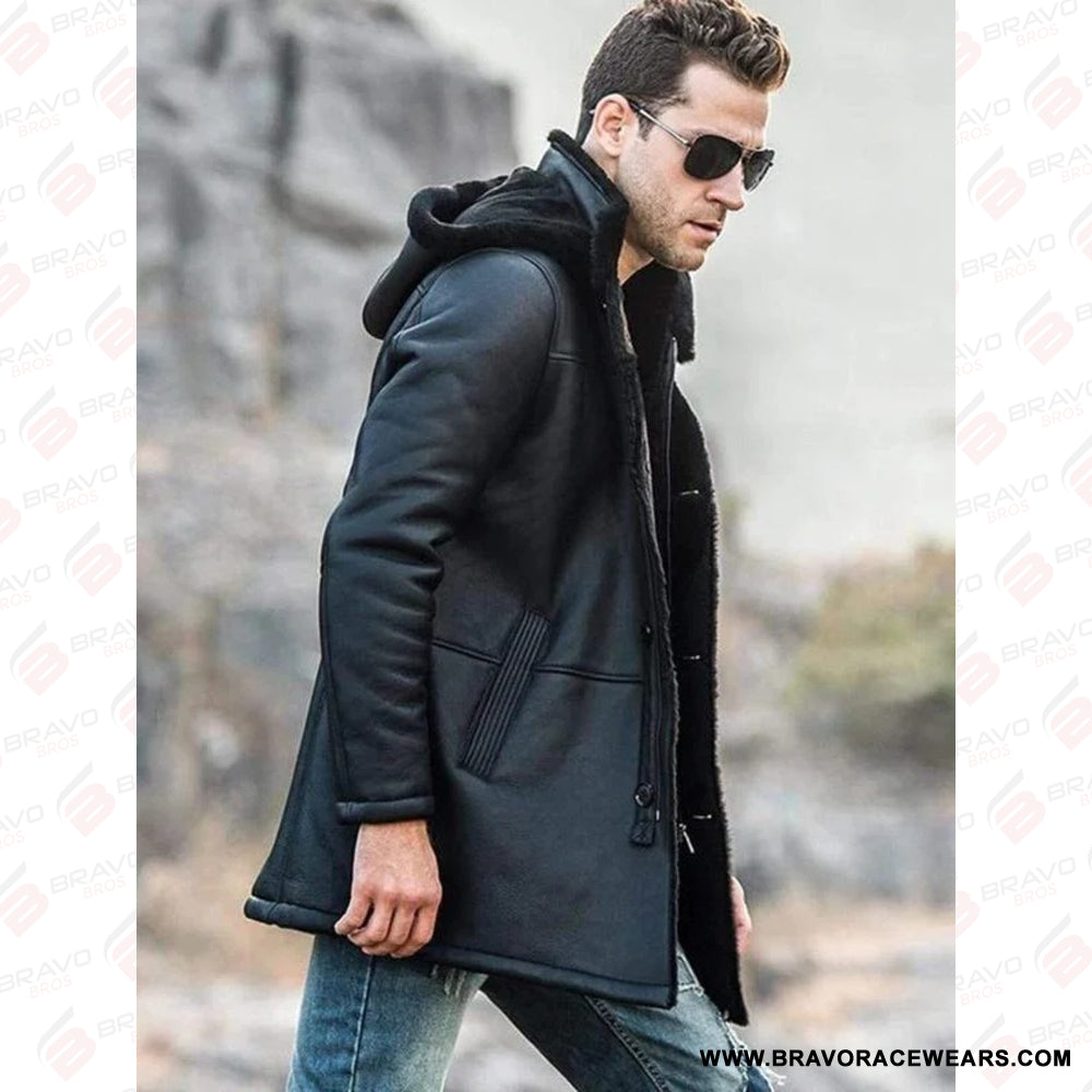 Men’s Black Shearling Hooded Long Coat