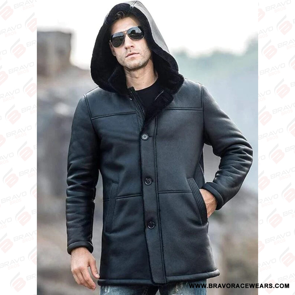 Men’s Black Shearling Hooded Long Coat