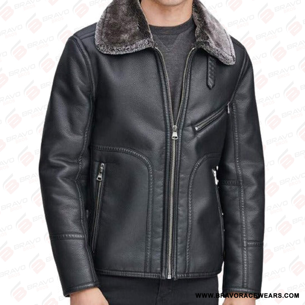 Men’s Faux Shearling Collar Leather Jacket
