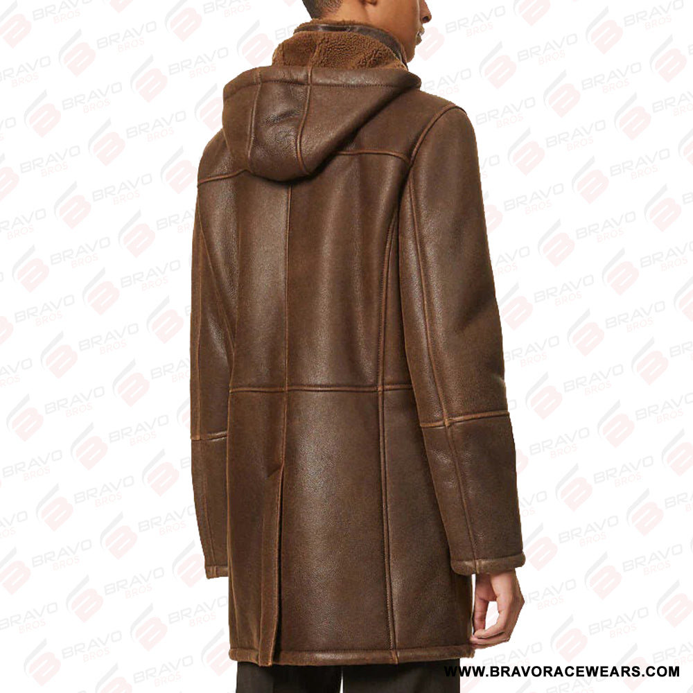 Men’s Removable Hooded Brown Leather Shearling Trench Coat