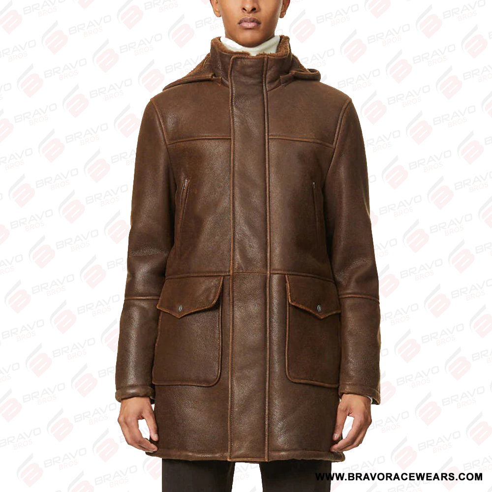 Men’s Removable Hooded Brown Leather Shearling Trench Coat